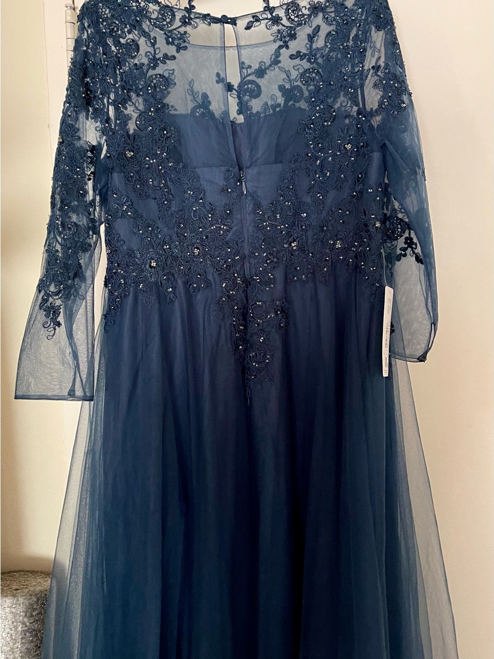 Woman’s midnight blue Lace & Tulle Formal Dress with Beaded Bodice